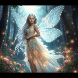 A stunning, ethereal portrait of an elegant fairy, with long flowing silvery hair sparkling like stars under moonlight