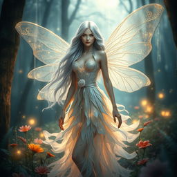 A stunning, ethereal portrait of an elegant fairy, with long flowing silvery hair sparkling like stars under moonlight