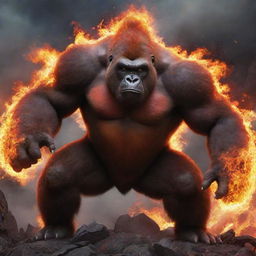 An intense image of a fire-themed gorilla Pokemon, possibly an interpretation of Infernape, exuding fiery energy in a volcanic environment