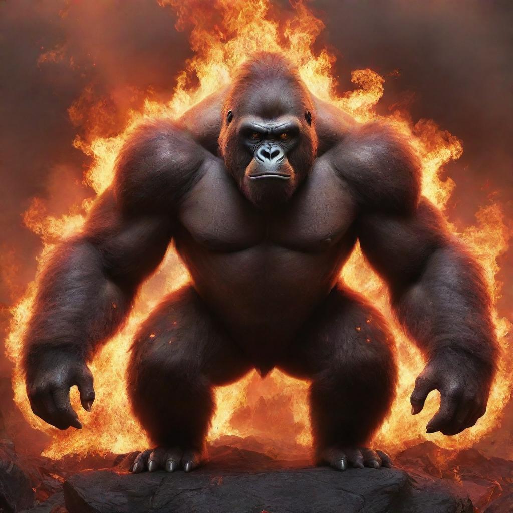 An intense image of a fire-themed gorilla Pokemon, possibly an interpretation of Infernape, exuding fiery energy in a volcanic environment