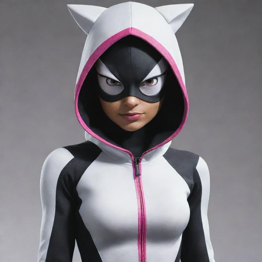 Sonic the Hedgehog dressed in Spider-Gwen's distinctive black and white suit, complete with a hood and pink highlights.