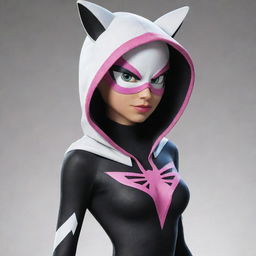 Sonic the Hedgehog dressed in Spider-Gwen's distinctive black and white suit, complete with a hood and pink highlights.