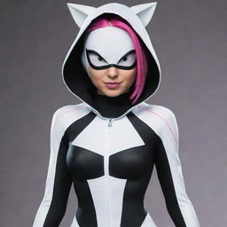 Sonic the Hedgehog dressed in Spider-Gwen's distinctive black and white suit, complete with a hood and pink highlights.