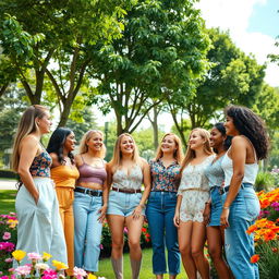 A diverse group of women standing together in a suburban park, engaged in friendly conversation, surrounded by colorful flowers and tall green trees