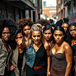 A group of diverse women expressing anger, standing together with fierce expressions and strong body language