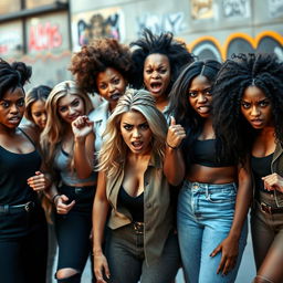 A group of diverse women expressing anger, standing together with fierce expressions and strong body language