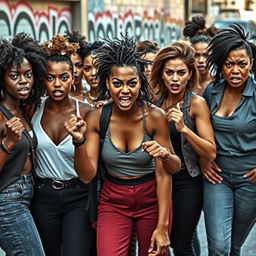 A group of diverse women expressing anger, standing together with fierce expressions and strong body language