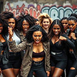 A group of diverse women expressing anger, standing together with fierce expressions and strong body language