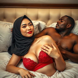 An enticing scene depicting a Chinese woman with natural makeup and a flirtatious expression, adorned in an elegant hijab and a vibrant red bra