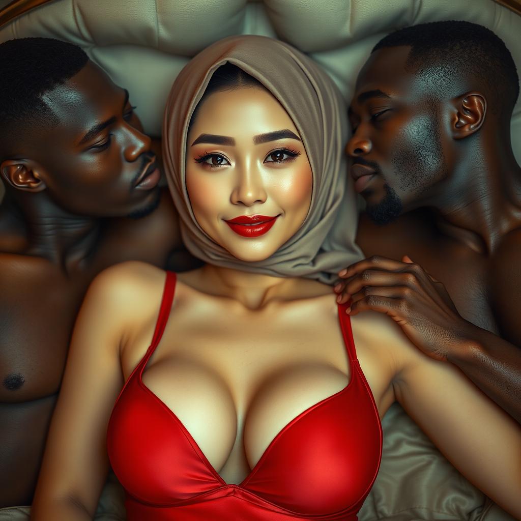 An enticing scene depicting a Chinese woman with natural makeup and a flirtatious expression, adorned in an elegant hijab and a vibrant red bra