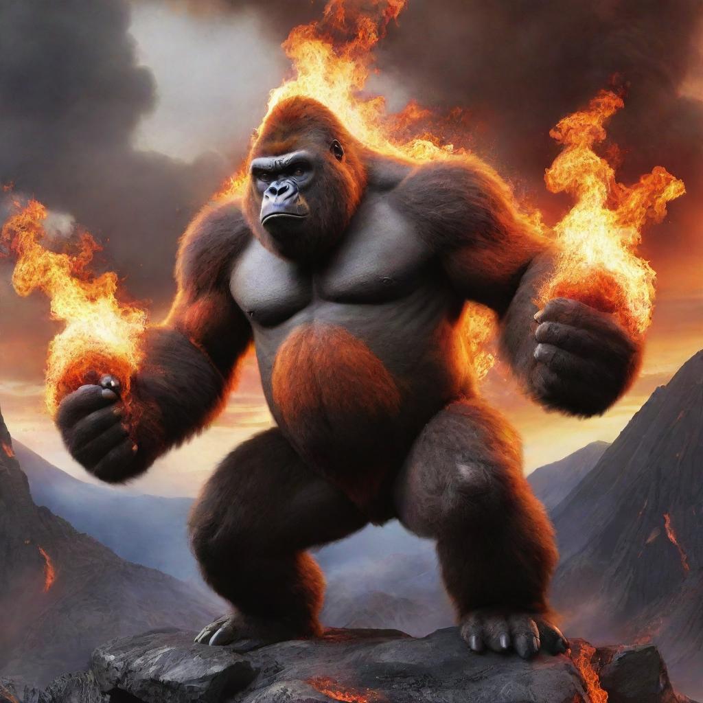 An awe-inspiring image of a fire-themed gorilla Pokemon, like Infernape or Emboar, exhibiting its fiery powers amidst a volcanic backdrop