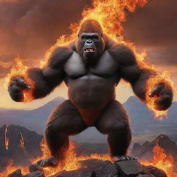 An awe-inspiring image of a fire-themed gorilla Pokemon, like Infernape or Emboar, exhibiting its fiery powers amidst a volcanic backdrop