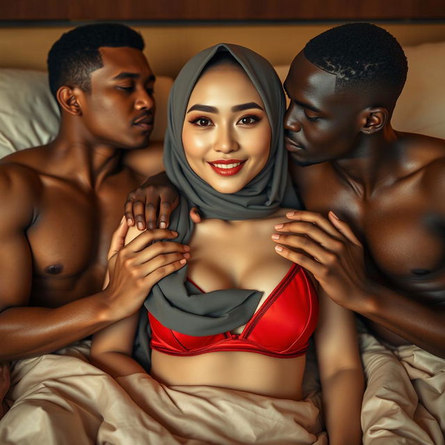 An intimate scene featuring a Chinese woman with no makeup, showcasing a playful and enticing expression, dressed in an elegant hijab paired with a striking red bra