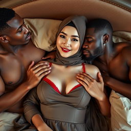 An intimate scene featuring a Chinese woman with no makeup, showcasing a playful and enticing expression, dressed in an elegant hijab paired with a striking red bra