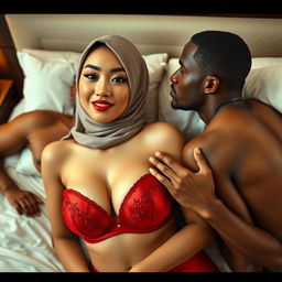 An intimate scene featuring a Chinese woman with no makeup, showcasing a playful and enticing expression, dressed in an elegant hijab paired with a striking red bra