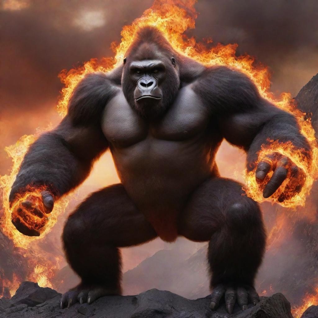 An awe-inspiring image of a fire-themed gorilla Pokemon, like Infernape or Emboar, exhibiting its fiery powers amidst a volcanic backdrop