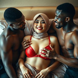 An intimate scene featuring a Chinese woman with no makeup and a playful, flirtatious expression, wearing an elegant hijab and a striking red bra