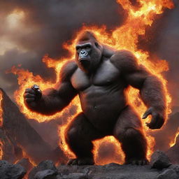 An awe-inspiring image of a fire-themed gorilla Pokemon, like Infernape or Emboar, exhibiting its fiery powers amidst a volcanic backdrop