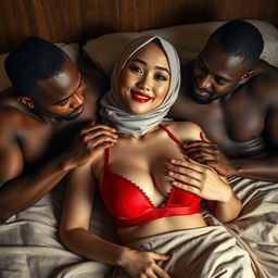 An intimate scene featuring a Chinese woman with no makeup and a playful, flirtatious expression, wearing an elegant hijab and a striking red bra