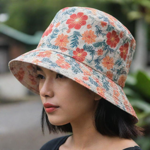 A close-up, focused view of the bucket hat, artistically adorned with a minimalistic motif of Balinese flowers, cultural symbols, and distinctive buildings