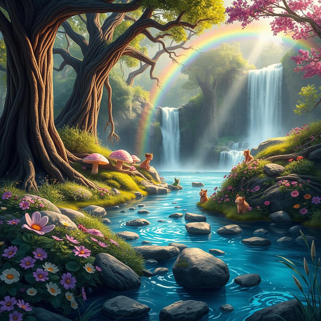 A vibrant Dungeons & Dragons inspired nature scene depicting a lush, enchanted forest filled with magical creatures