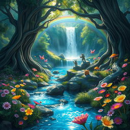 A vibrant Dungeons & Dragons inspired nature scene depicting a lush, enchanted forest filled with magical creatures