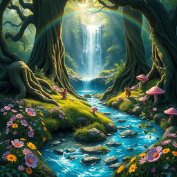 A vibrant Dungeons & Dragons inspired nature scene depicting a lush, enchanted forest filled with magical creatures