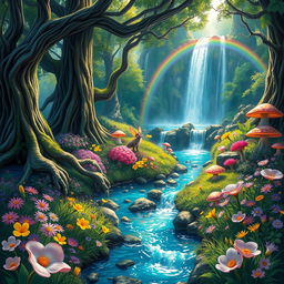 A vibrant Dungeons & Dragons inspired nature scene depicting a lush, enchanted forest filled with magical creatures