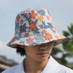 A close-up, focused view of the bucket hat, artistically adorned with a minimalistic motif of Balinese flowers, cultural symbols, and distinctive buildings