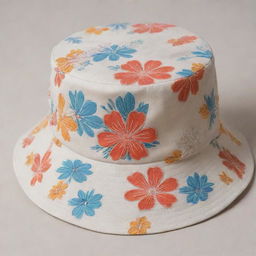 A close-up, focused view of the bucket hat, artistically adorned with a minimalistic motif of Balinese flowers, cultural symbols, and distinctive buildings