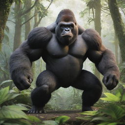 A dominating image of a gorilla-like Pokemon, like Slaking or Rillaboom, showcasing its raw power in a dense jungle setting