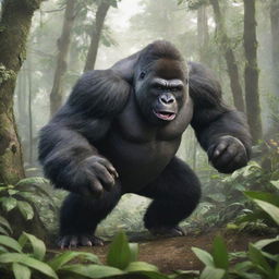 A dominating image of a gorilla-like Pokemon, like Slaking or Rillaboom, showcasing its raw power in a dense jungle setting