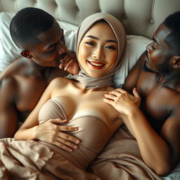 An intimate scene featuring a Chinese woman with no makeup and a playful expression, wearing an elegant hijab and no bra, highlighting her beauty