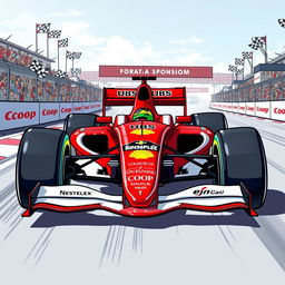 A detailed illustration of a Formula 1 racing car featuring sponsorship logos prominently displayed on the vehicle