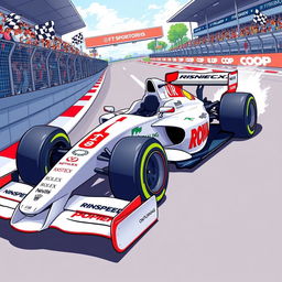 A detailed illustration of a Formula 1 racing car featuring sponsorship logos prominently displayed on the vehicle