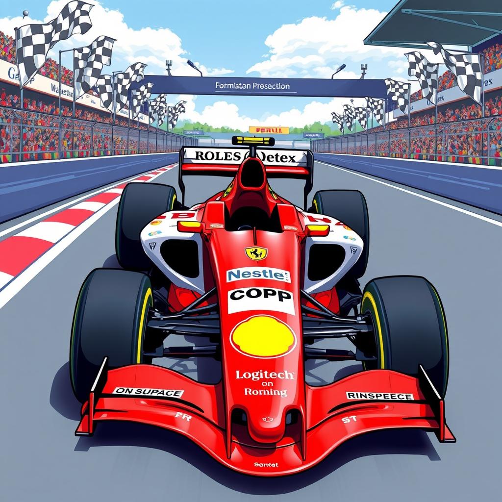 A detailed illustration of a Formula 1 racing car featuring sponsorship logos prominently displayed on the vehicle