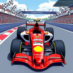 A detailed illustration of a Formula 1 racing car featuring sponsorship logos prominently displayed on the vehicle