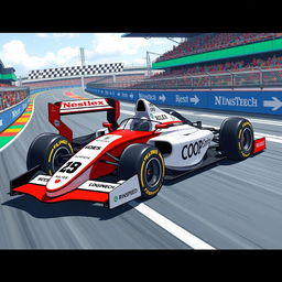 A detailed illustration of a Formula 1 racing car featuring sponsorship logos prominently displayed on the vehicle