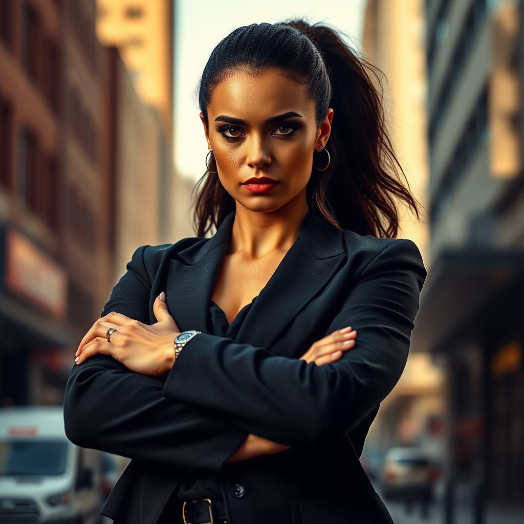 A powerful and confident woman standing with her arms crossed, displaying a firm and assertive posture