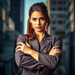 A powerful and confident woman standing with her arms crossed, displaying a firm and assertive posture