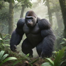 A dominating image of a gorilla-like Pokemon, like Slaking or Rillaboom, showcasing its raw power in a dense jungle setting