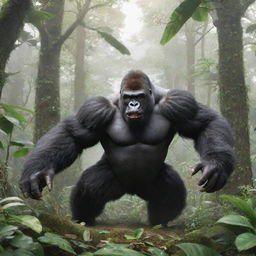 A dominating image of a gorilla-like Pokemon, like Slaking or Rillaboom, showcasing its raw power in a dense jungle setting