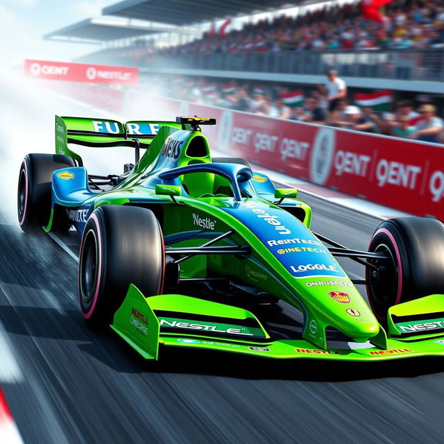 A visually striking Formula 1 racing car in a vibrant green and blue color scheme, featuring sponsorship logos prominently displayed on the vehicle