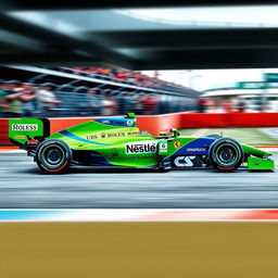 A visually striking Formula 1 racing car in a vibrant green and blue color scheme, featuring sponsorship logos prominently displayed on the vehicle