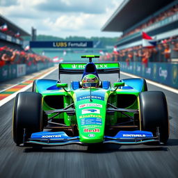 A visually striking Formula 1 racing car in a vibrant green and blue color scheme, featuring sponsorship logos prominently displayed on the vehicle