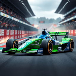 A visually striking Formula 1 racing car in a vibrant green and blue color scheme, featuring sponsorship logos prominently displayed on the vehicle