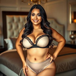 A seductive woman with a curvy figure, emphasizing her voluptuous big breasts and curvy hips, wearing form-fitting lingerie that accentuates her shape