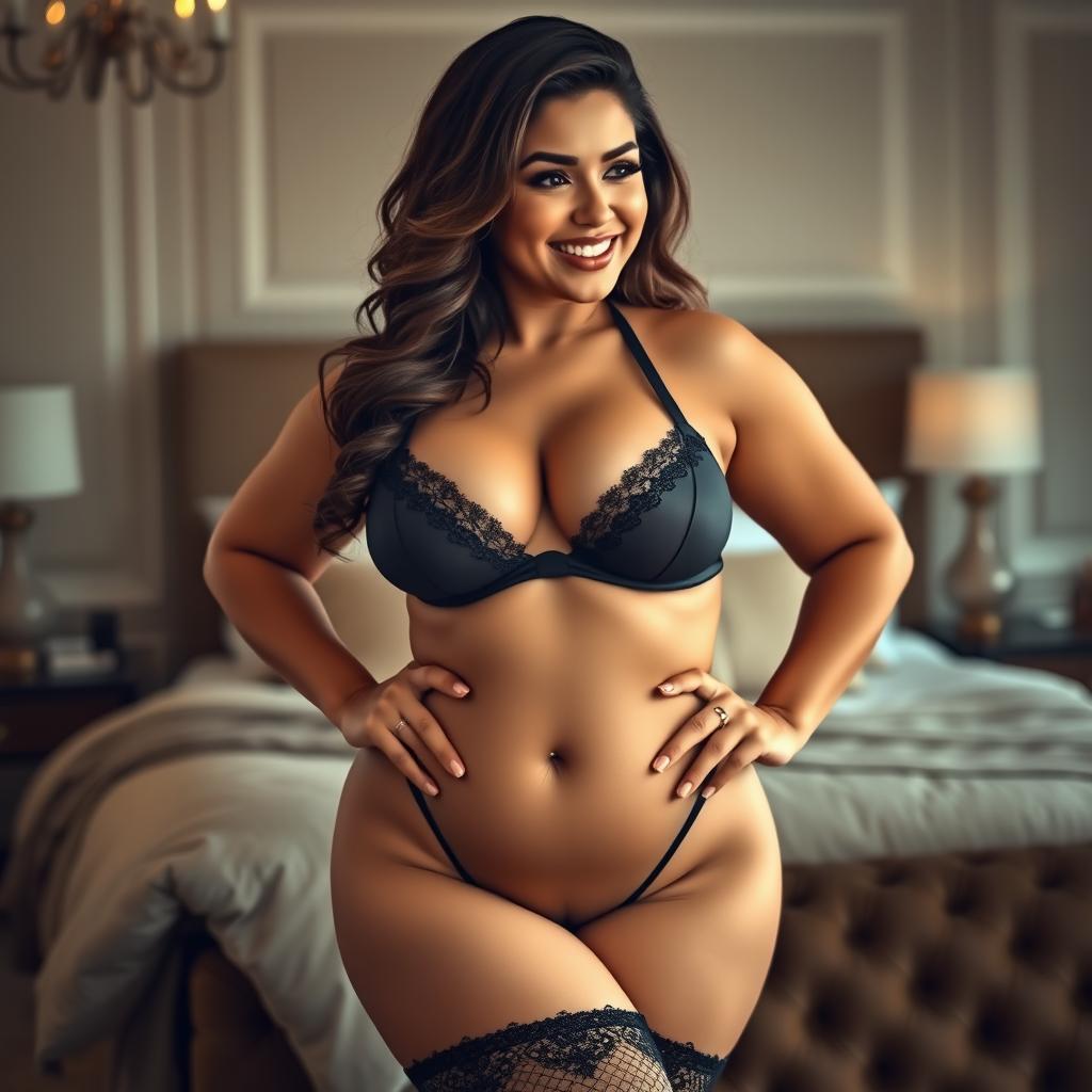 A seductive woman with a curvy figure, emphasizing her voluptuous big breasts and curvy hips, wearing form-fitting lingerie that accentuates her shape