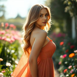 A close-up portrait of a strong, confident woman standing tall with her back to the camera