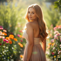 A close-up portrait of a strong, confident woman standing tall with her back to the camera